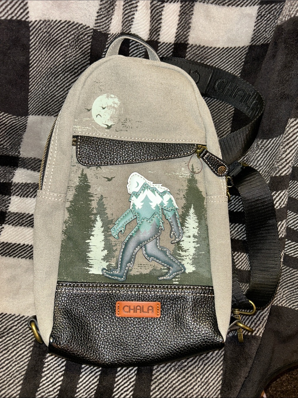 Chala Beige & Black Canvas Belt Bag with Green Sasquatch Patch